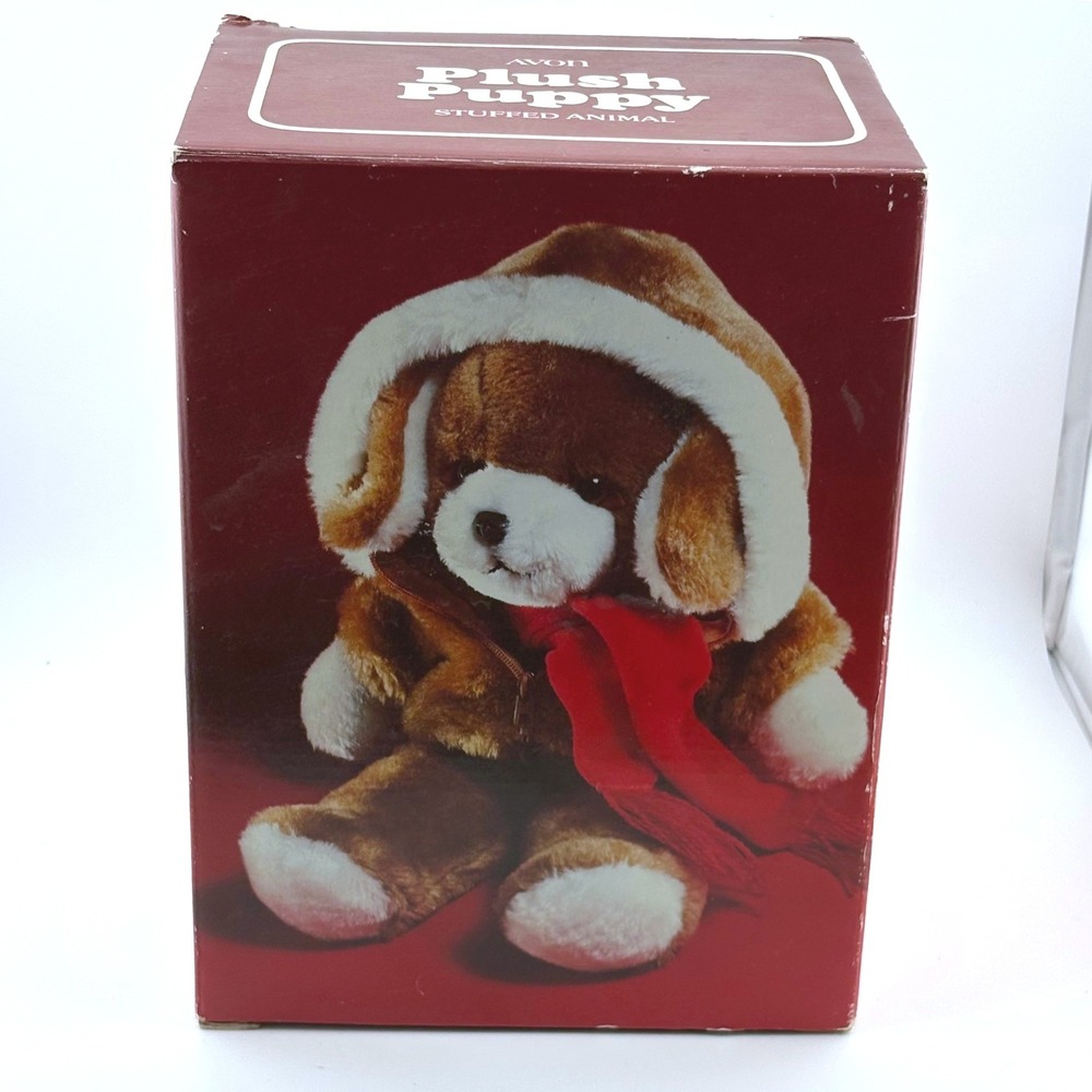 Vintage 1982 Avon Plush Puppy Stuffed Animal in Box Brown Dog Red Scarf New